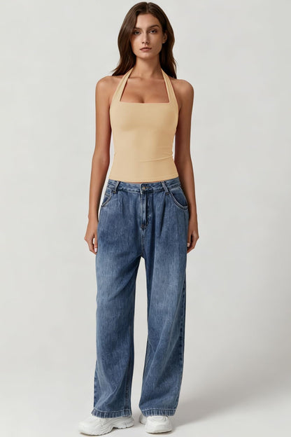 Women'S Backless Halter Tank Top Button Closure Square Neck Double Line Casual Daily Top Going Out Cami