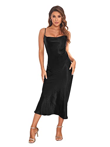 The Cowl-Neck Slip Dress in black — drape and fit