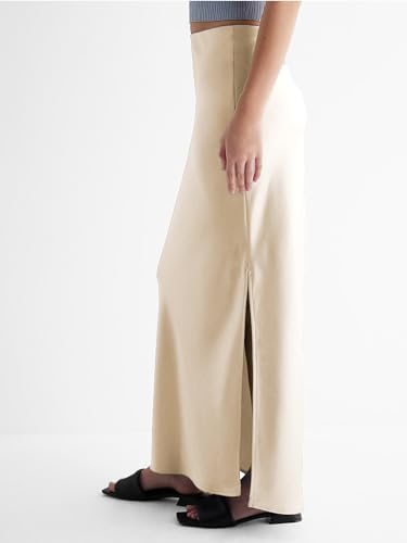 The Bias Satin Skirt in cream, side view