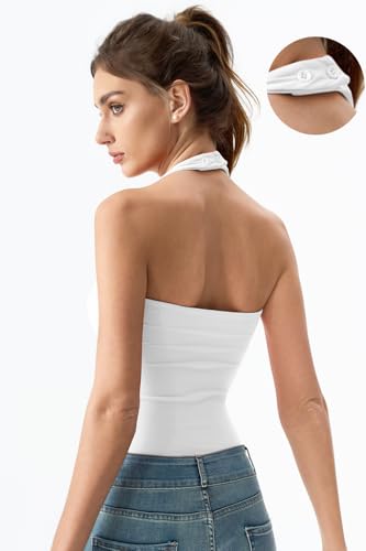 The Backless Halter in white — button closure detail