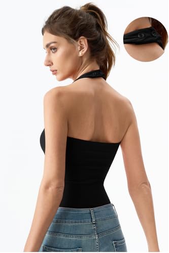 The Backless Halter in black — button closure detail