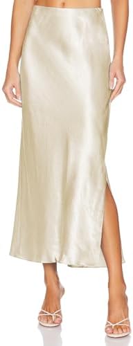 The Bias Satin Skirt in cream, full length with side slit