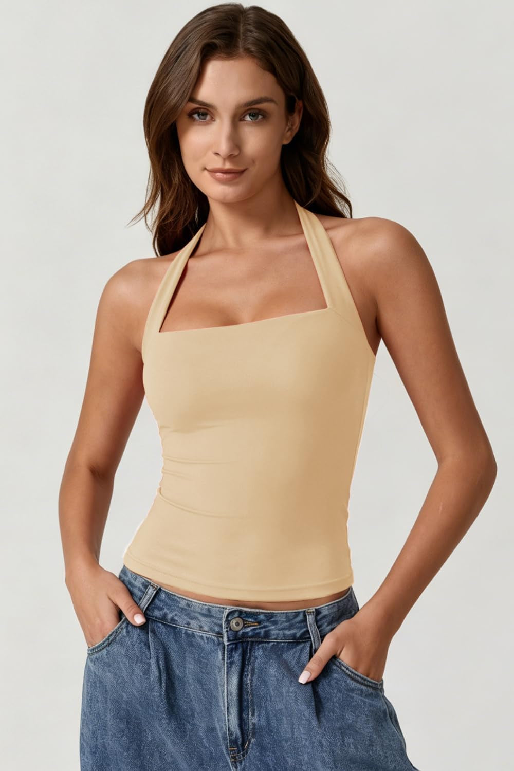 Women'S Backless Halter Tank Top Button Closure Square Neck Double Line Casual Daily Top Going Out Cami