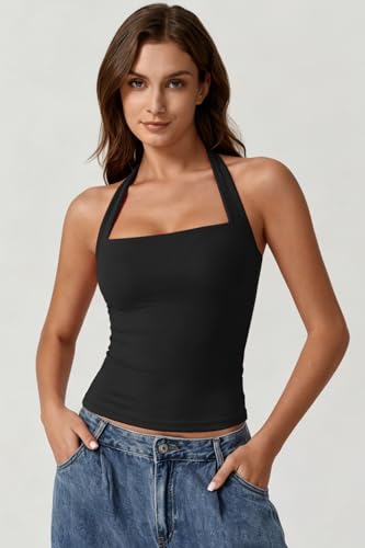 The Backless Halter in black — back view