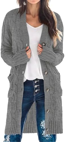 The Open Cardigan in charcoal, worn open