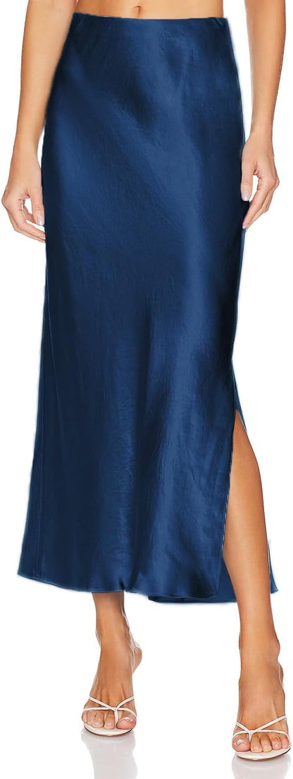 Womens Satin Silk Maxi Slit Skirt Elastic Waistband Leopard Print Maxi Long Satin Slit Skirts for Women