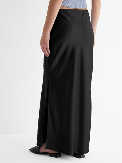Womens Satin Silk Maxi Slit Skirt Elastic Waistband Leopard Print Maxi Long Satin Slit Skirts for Women