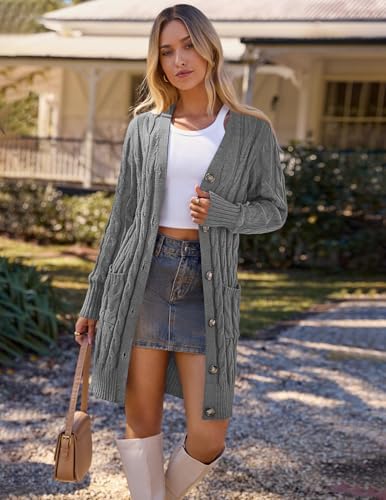 The Open Cardigan in charcoal, cable knit detail