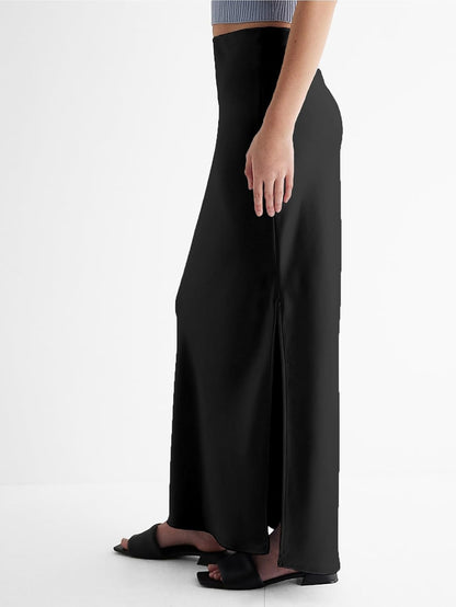 Womens Satin Silk Maxi Slit Skirt Elastic Waistband Leopard Print Maxi Long Satin Slit Skirts for Women