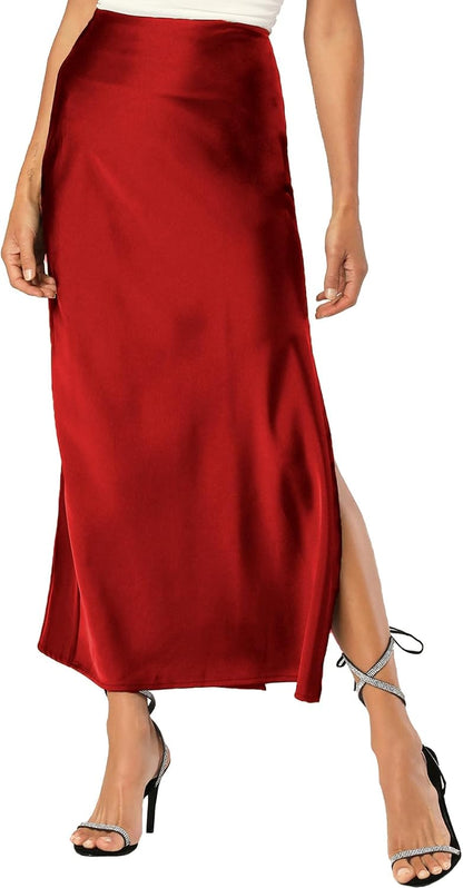 Womens Satin Silk Maxi Slit Skirt Elastic Waistband Leopard Print Maxi Long Satin Slit Skirts for Women