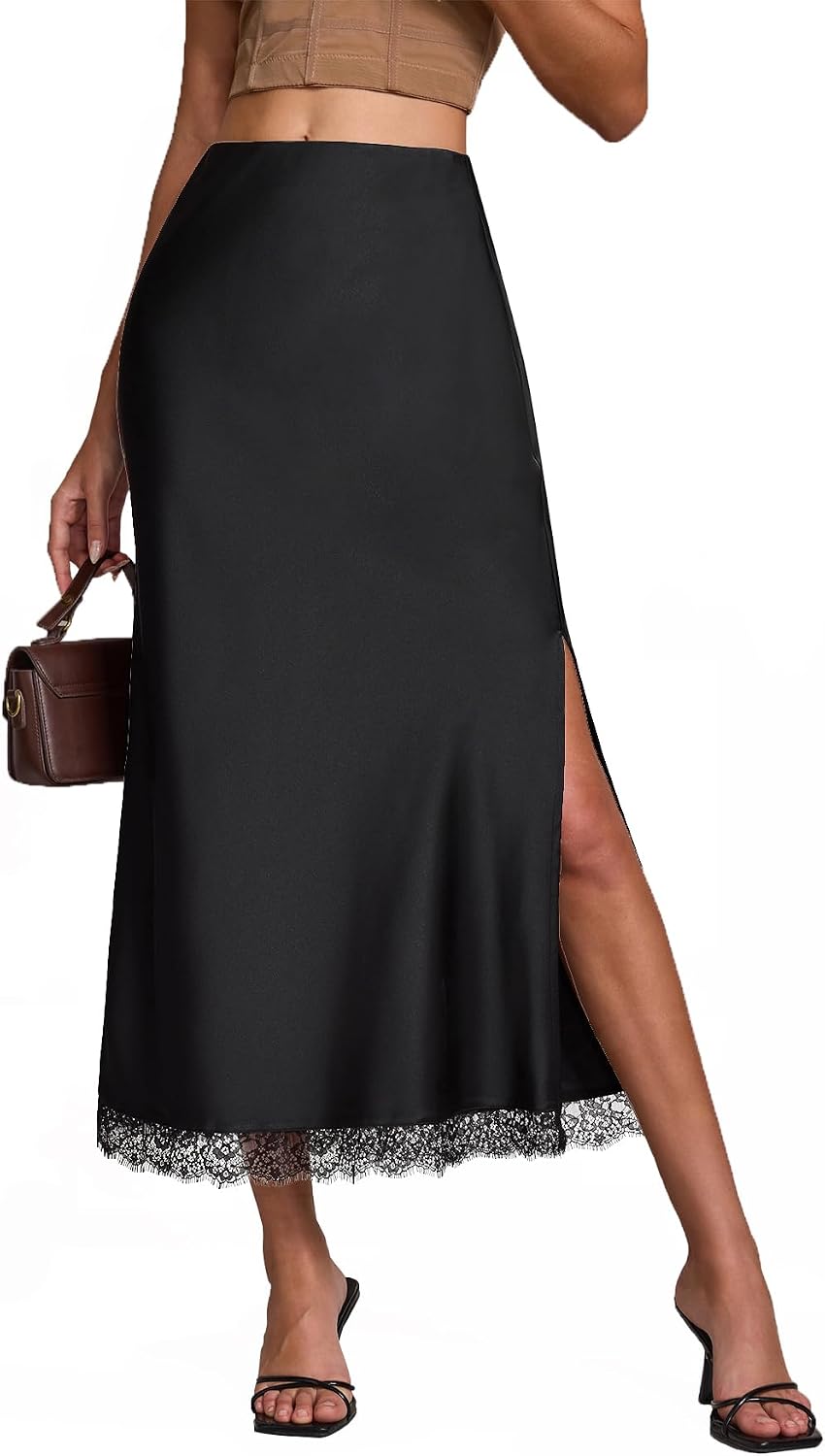 Womens Satin Silk Maxi Slit Skirt Elastic Waistband Leopard Print Maxi Long Satin Slit Skirts for Women