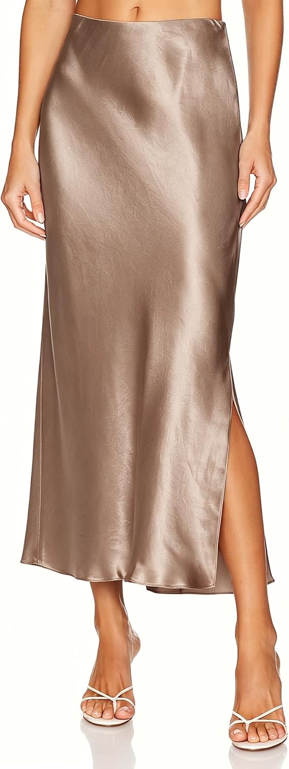 Womens Satin Silk Maxi Slit Skirt Elastic Waistband Leopard Print Maxi Long Satin Slit Skirts for Women