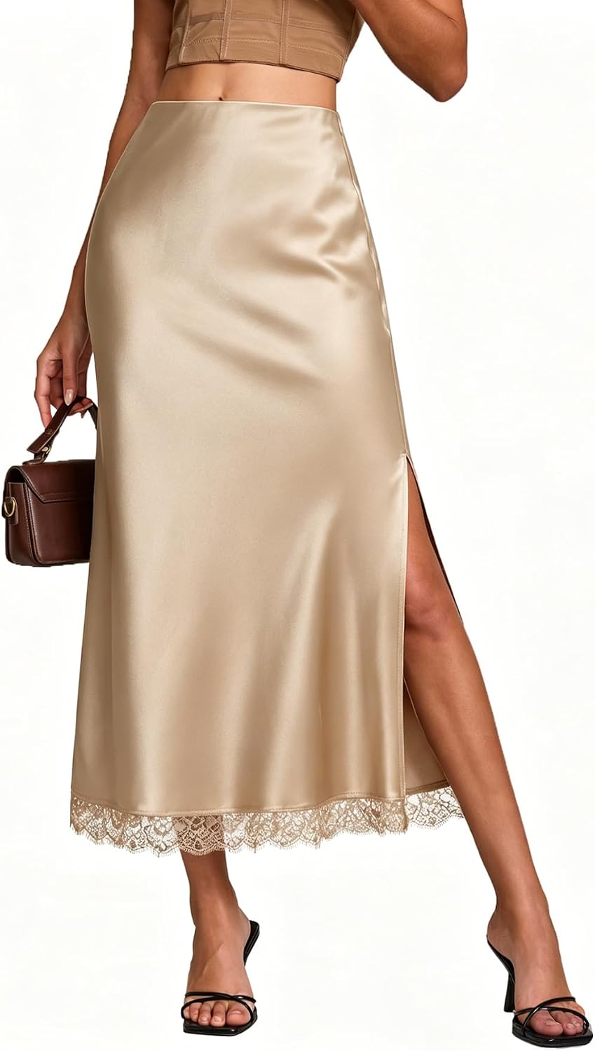 Womens Satin Silk Maxi Slit Skirt Elastic Waistband Leopard Print Maxi Long Satin Slit Skirts for Women