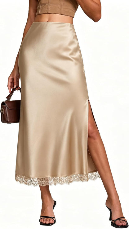 Womens Satin Silk Maxi Slit Skirt Elastic Waistband Leopard Print Maxi Long Satin Slit Skirts for Women