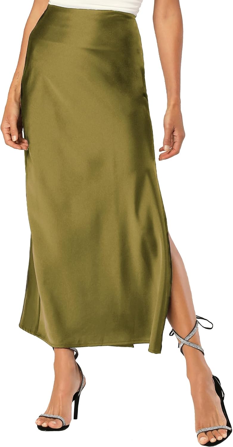 Womens Satin Silk Maxi Slit Skirt Elastic Waistband Leopard Print Maxi Long Satin Slit Skirts for Women