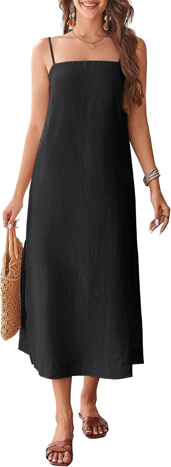 100% Linen Dresses Square Neck Sleeveless Spaghetti Strap Midi Dress | Summer Casual Holiday Dress with Slit, Solid Color, Relax Fit