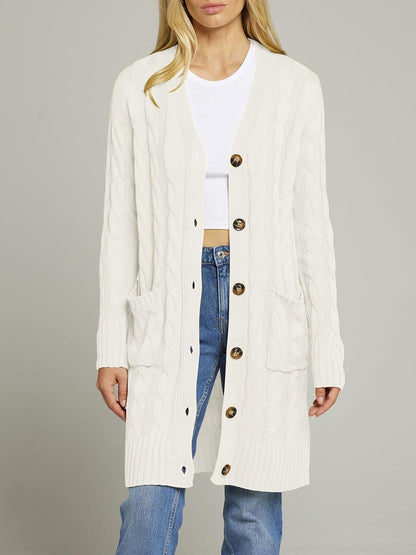 Women'S Fall Cable Knit Button Long Cardigan Sweater | Button Front, Long Sleeve, Chunky Knit, Open Front, V Neck, Loose Fit, Side Pockets, 2026 Winter, Casual Outerwear