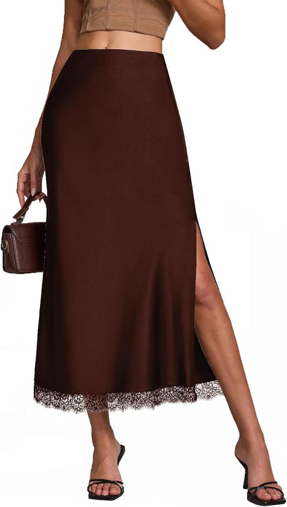 Womens Satin Silk Maxi Slit Skirt Elastic Waistband Leopard Print Maxi Long Satin Slit Skirts for Women