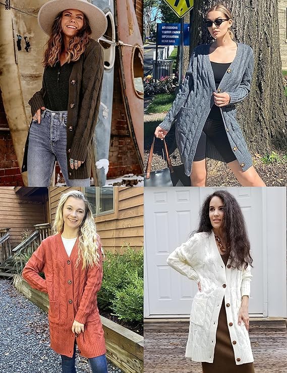 Women'S Fall Cable Knit Button Long Cardigan Sweater | Button Front, Long Sleeve, Chunky Knit, Open Front, V Neck, Loose Fit, Side Pockets, 2026 Winter, Casual Outerwear