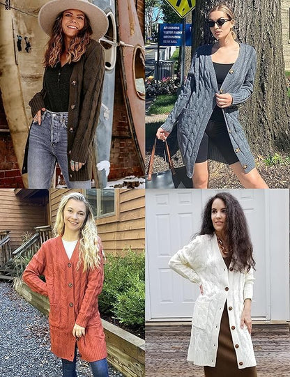 Women'S Fall Cable Knit Button Long Cardigan Sweater | Button Front, Long Sleeve, Chunky Knit, Open Front, V Neck, Loose Fit, Side Pockets, 2026 Winter, Casual Outerwear