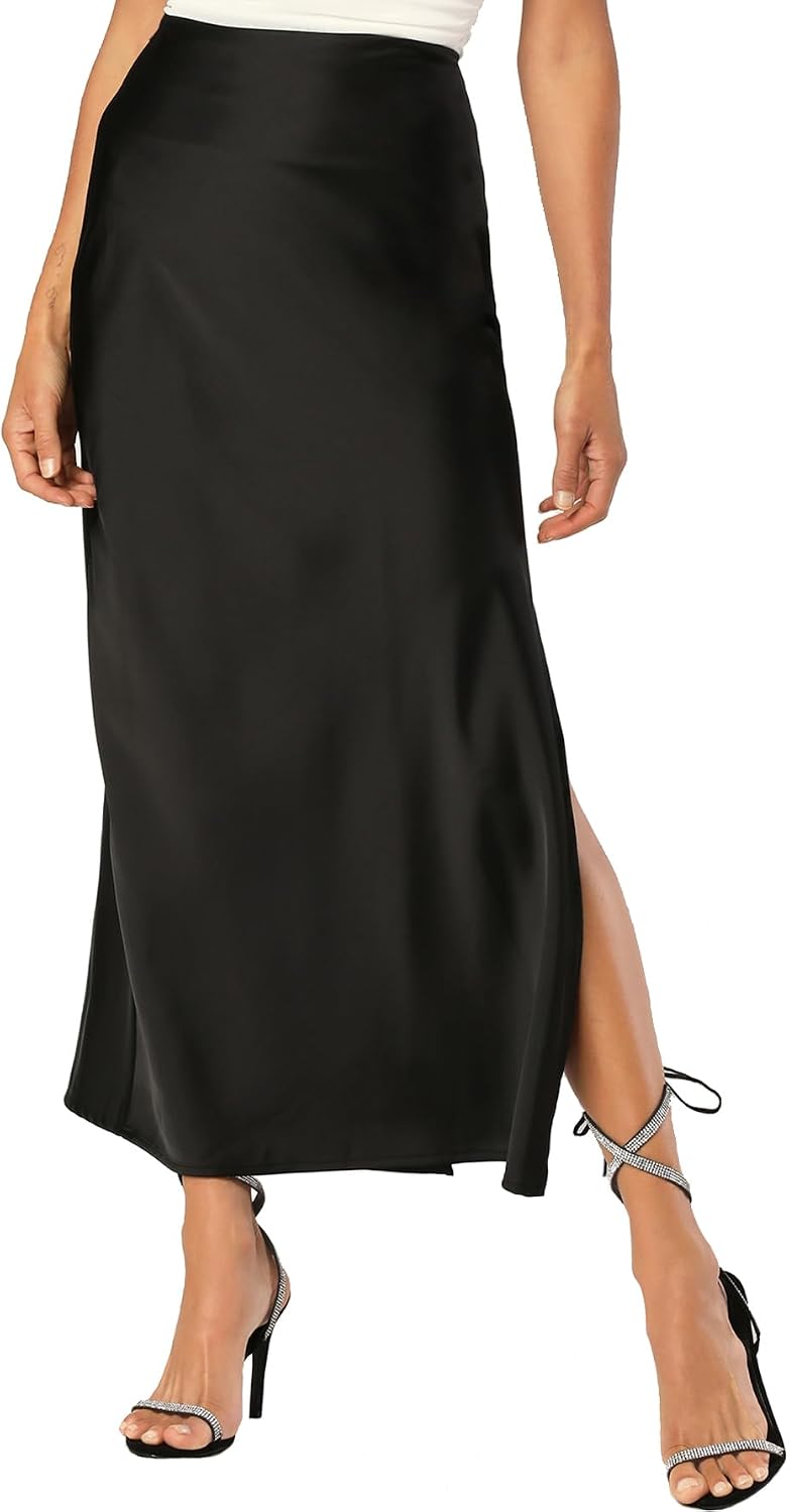 The Bias Satin Skirt in black — bias-cut satin maxi with side slit