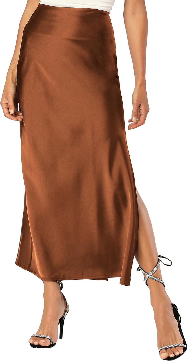 Womens Satin Silk Maxi Slit Skirt Elastic Waistband Leopard Print Maxi Long Satin Slit Skirts for Women