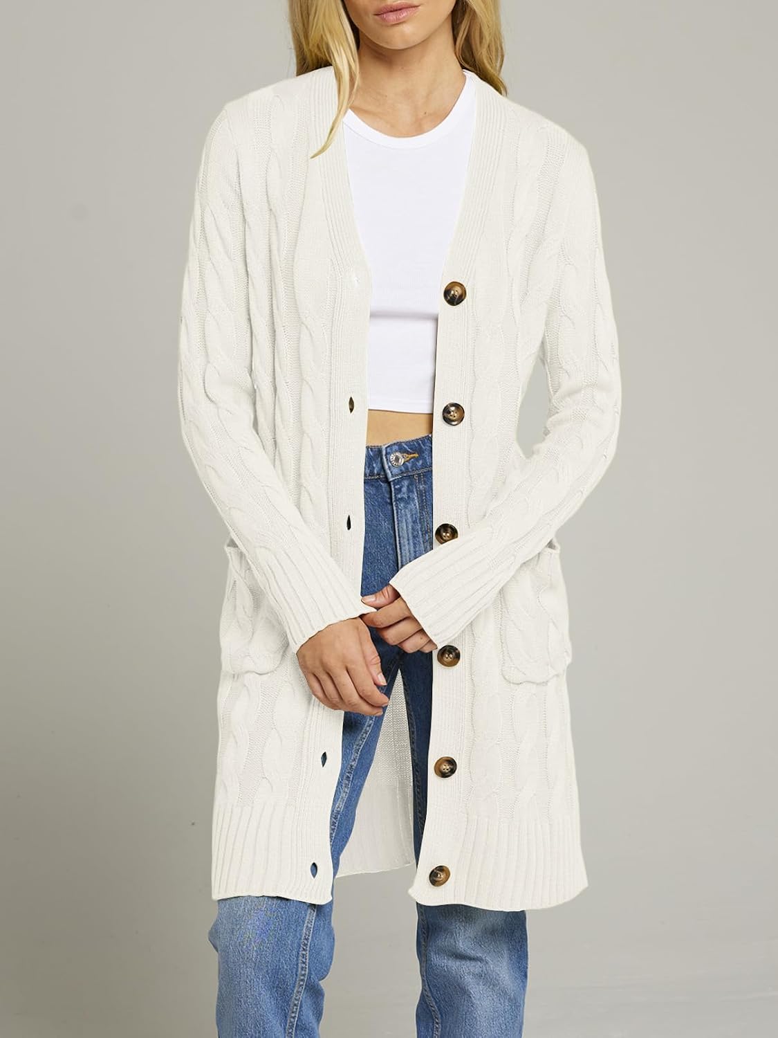 Women'S Fall Cable Knit Button Long Cardigan Sweater | Button Front, Long Sleeve, Chunky Knit, Open Front, V Neck, Loose Fit, Side Pockets, 2026 Winter, Casual Outerwear