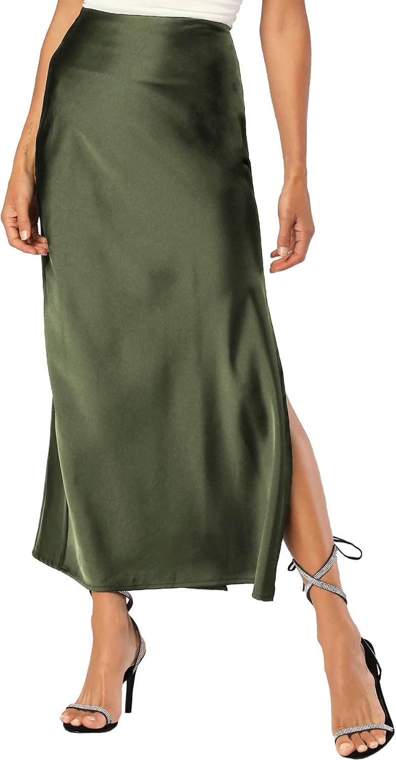Womens Satin Silk Maxi Slit Skirt Elastic Waistband Leopard Print Maxi Long Satin Slit Skirts for Women