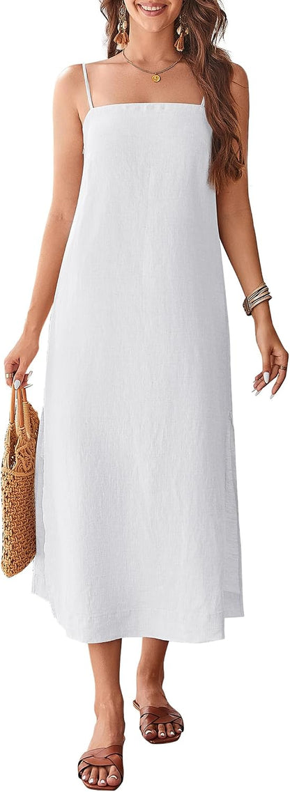100% Linen Dresses Square Neck Sleeveless Spaghetti Strap Midi Dress | Summer Casual Holiday Dress with Slit, Solid Color, Relax Fit