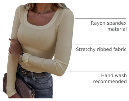Womens Long Sleeve Scoop Neck Ribbed Knit Fitted Casual Tops Tee Slim Basic Shirts