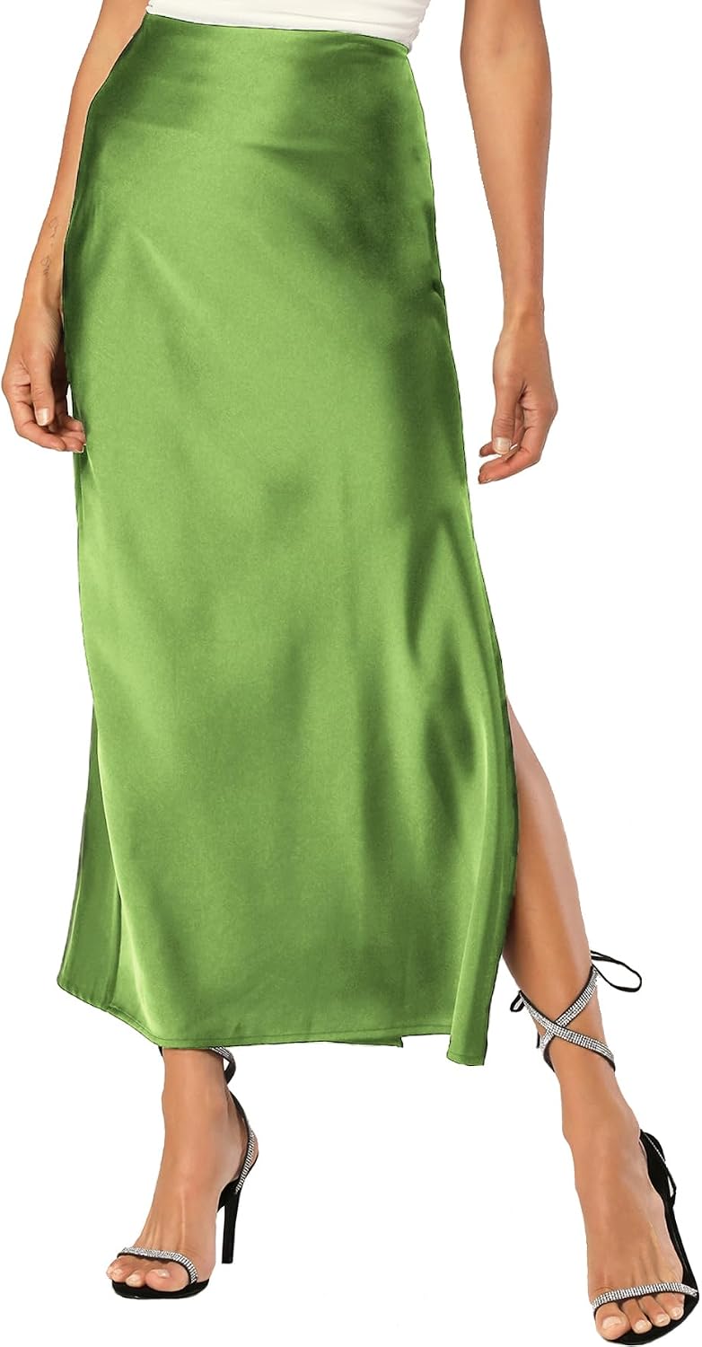 Womens Satin Silk Maxi Slit Skirt Elastic Waistband Leopard Print Maxi Long Satin Slit Skirts for Women