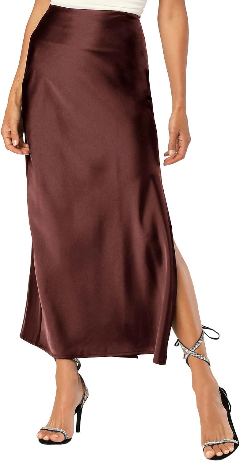 Womens Satin Silk Maxi Slit Skirt Elastic Waistband Leopard Print Maxi Long Satin Slit Skirts for Women
