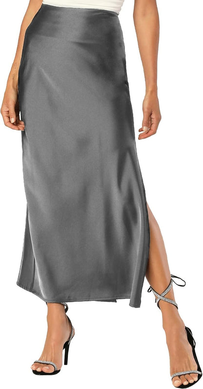 Womens Satin Silk Maxi Slit Skirt Elastic Waistband Leopard Print Maxi Long Satin Slit Skirts for Women