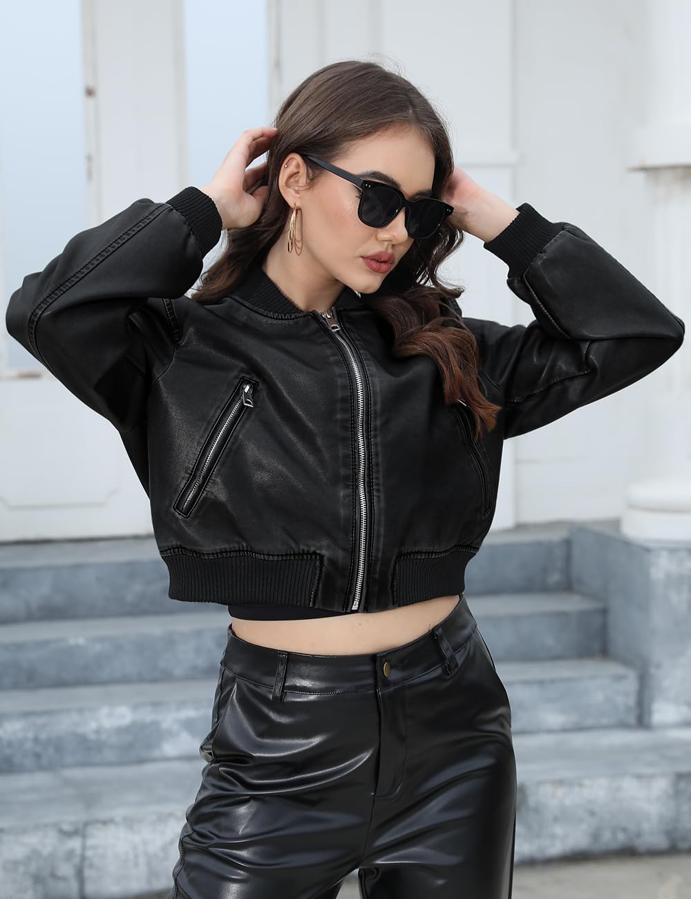 Women'S Cropped Faux Leather Jacket Bomber PU Moto Coat | Lightweight Lined Zip up Aviator Bike Outwear Cute Short Spring Fall Edgy Vintage Outfit for Casual Rock Concert