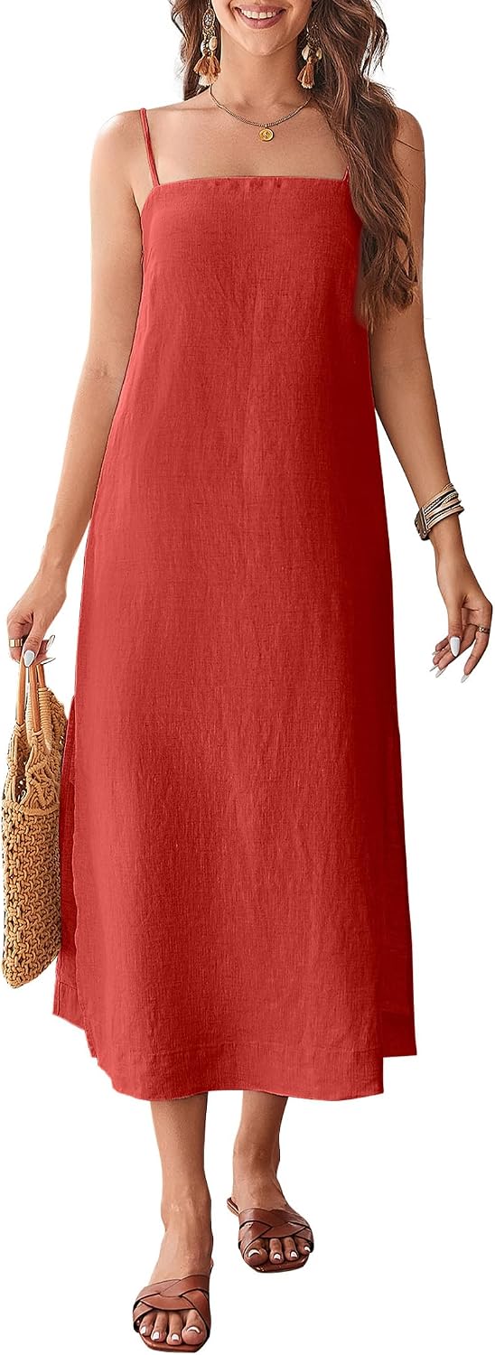 100% Linen Dresses Square Neck Sleeveless Spaghetti Strap Midi Dress | Summer Casual Holiday Dress with Slit, Solid Color, Relax Fit