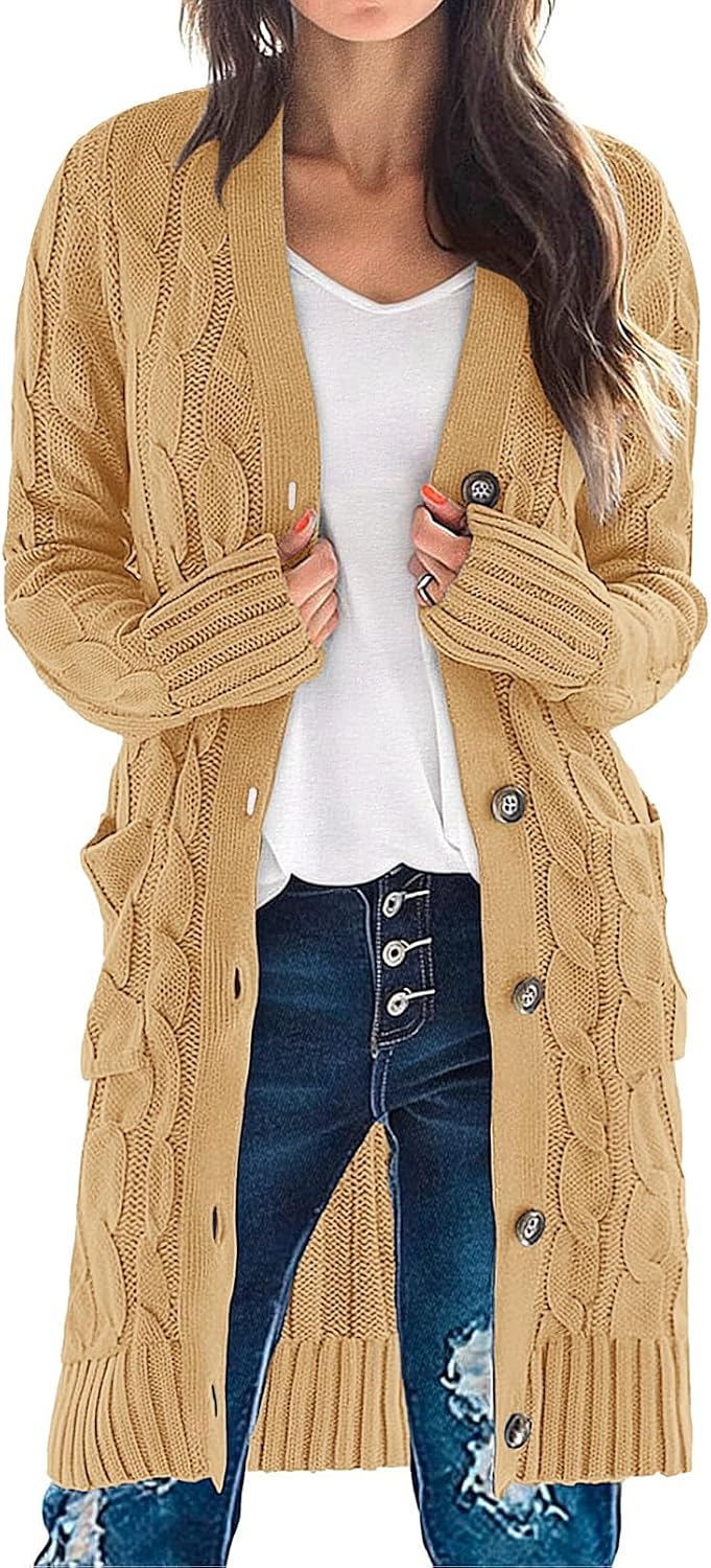 Women'S Fall Cable Knit Button Long Cardigan Sweater | Button Front, Long Sleeve, Chunky Knit, Open Front, V Neck, Loose Fit, Side Pockets, 2026 Winter, Casual Outerwear