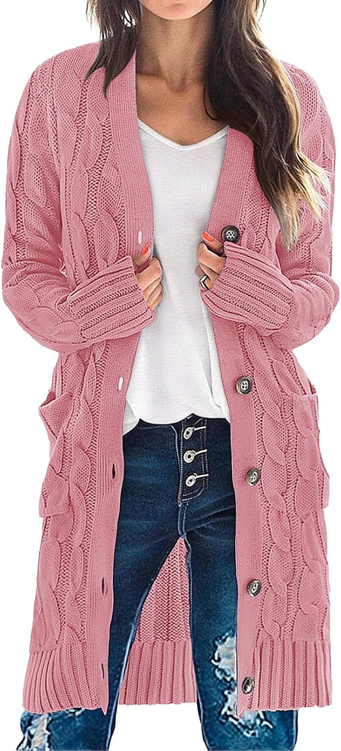 Women'S Fall Cable Knit Button Long Cardigan Sweater | Button Front, Long Sleeve, Chunky Knit, Open Front, V Neck, Loose Fit, Side Pockets, 2026 Winter, Casual Outerwear