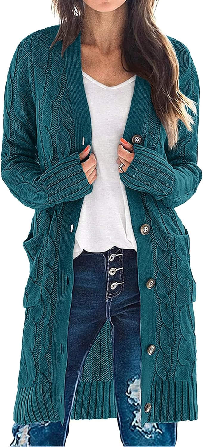 Women'S Fall Cable Knit Button Long Cardigan Sweater | Button Front, Long Sleeve, Chunky Knit, Open Front, V Neck, Loose Fit, Side Pockets, 2026 Winter, Casual Outerwear