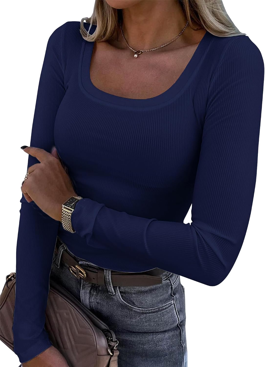 Womens Long Sleeve Scoop Neck Ribbed Knit Fitted Casual Tops Tee Slim Basic Shirts