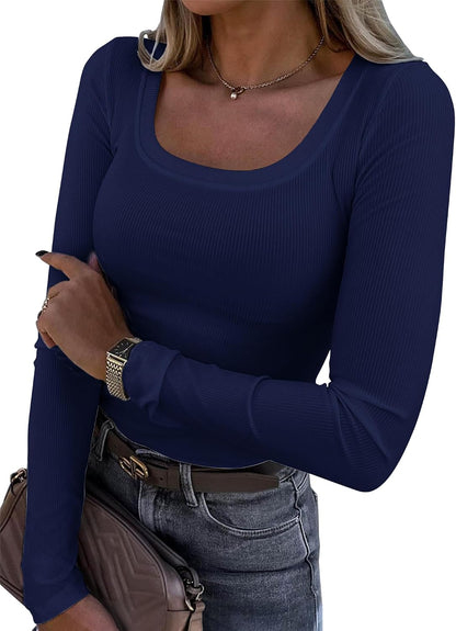 Womens Long Sleeve Scoop Neck Ribbed Knit Fitted Casual Tops Tee Slim Basic Shirts