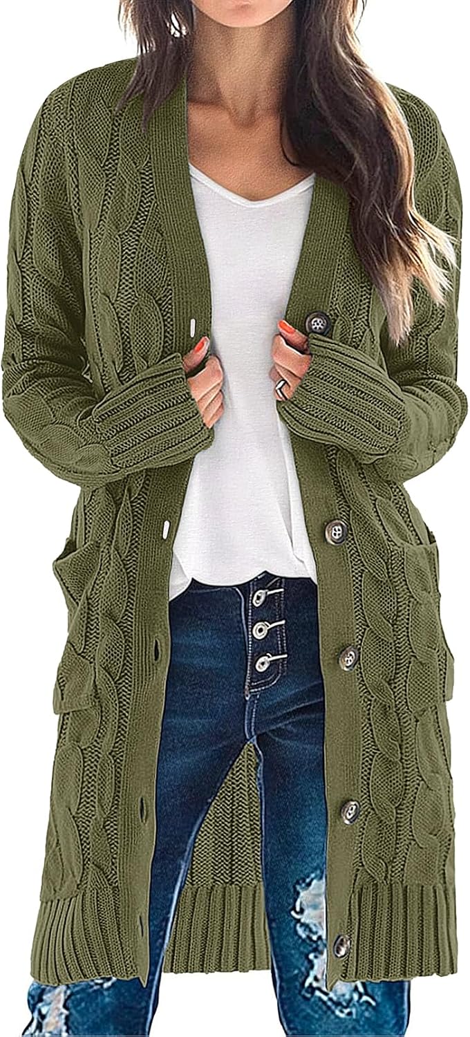 Women'S Fall Cable Knit Button Long Cardigan Sweater | Button Front, Long Sleeve, Chunky Knit, Open Front, V Neck, Loose Fit, Side Pockets, 2026 Winter, Casual Outerwear
