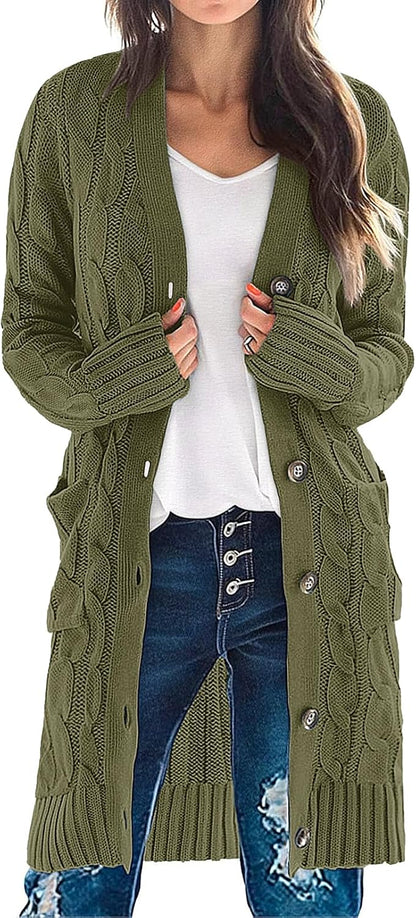 Women'S Fall Cable Knit Button Long Cardigan Sweater | Button Front, Long Sleeve, Chunky Knit, Open Front, V Neck, Loose Fit, Side Pockets, 2026 Winter, Casual Outerwear