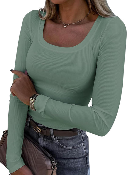 Womens Long Sleeve Scoop Neck Ribbed Knit Fitted Casual Tops Tee Slim Basic Shirts