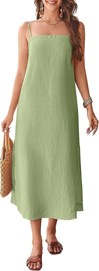 100% Linen Dresses Square Neck Sleeveless Spaghetti Strap Midi Dress | Summer Casual Holiday Dress with Slit, Solid Color, Relax Fit