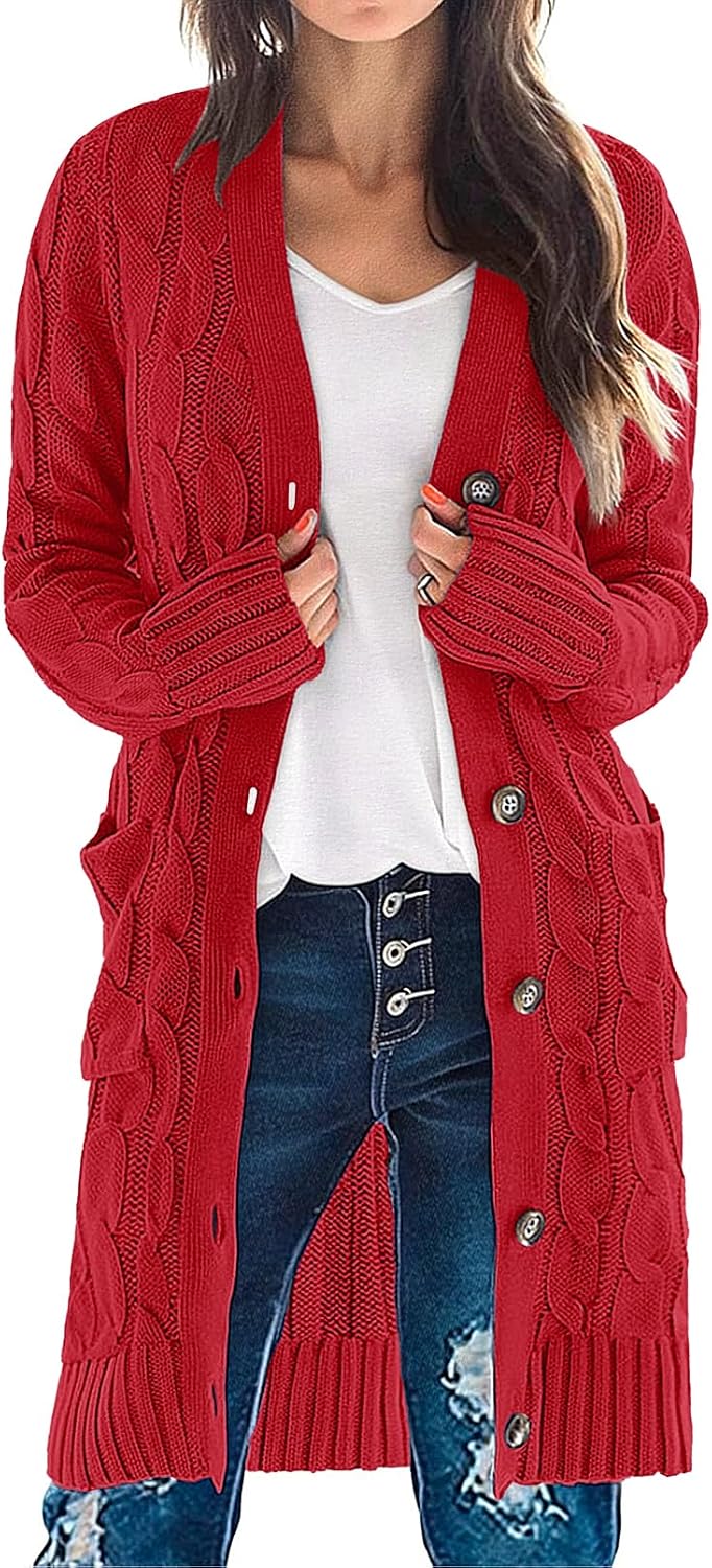Women'S Fall Cable Knit Button Long Cardigan Sweater | Button Front, Long Sleeve, Chunky Knit, Open Front, V Neck, Loose Fit, Side Pockets, 2026 Winter, Casual Outerwear