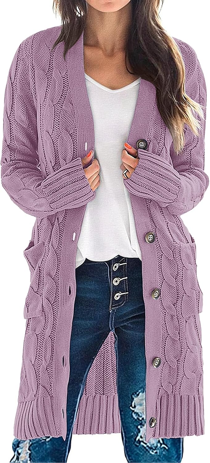 Women'S Fall Cable Knit Button Long Cardigan Sweater | Button Front, Long Sleeve, Chunky Knit, Open Front, V Neck, Loose Fit, Side Pockets, 2026 Winter, Casual Outerwear