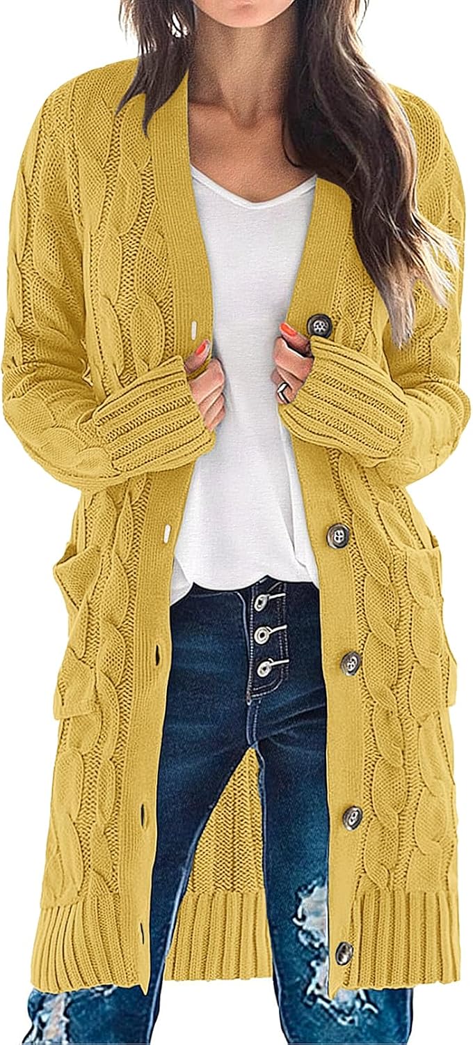 Women'S Fall Cable Knit Button Long Cardigan Sweater | Button Front, Long Sleeve, Chunky Knit, Open Front, V Neck, Loose Fit, Side Pockets, 2026 Winter, Casual Outerwear