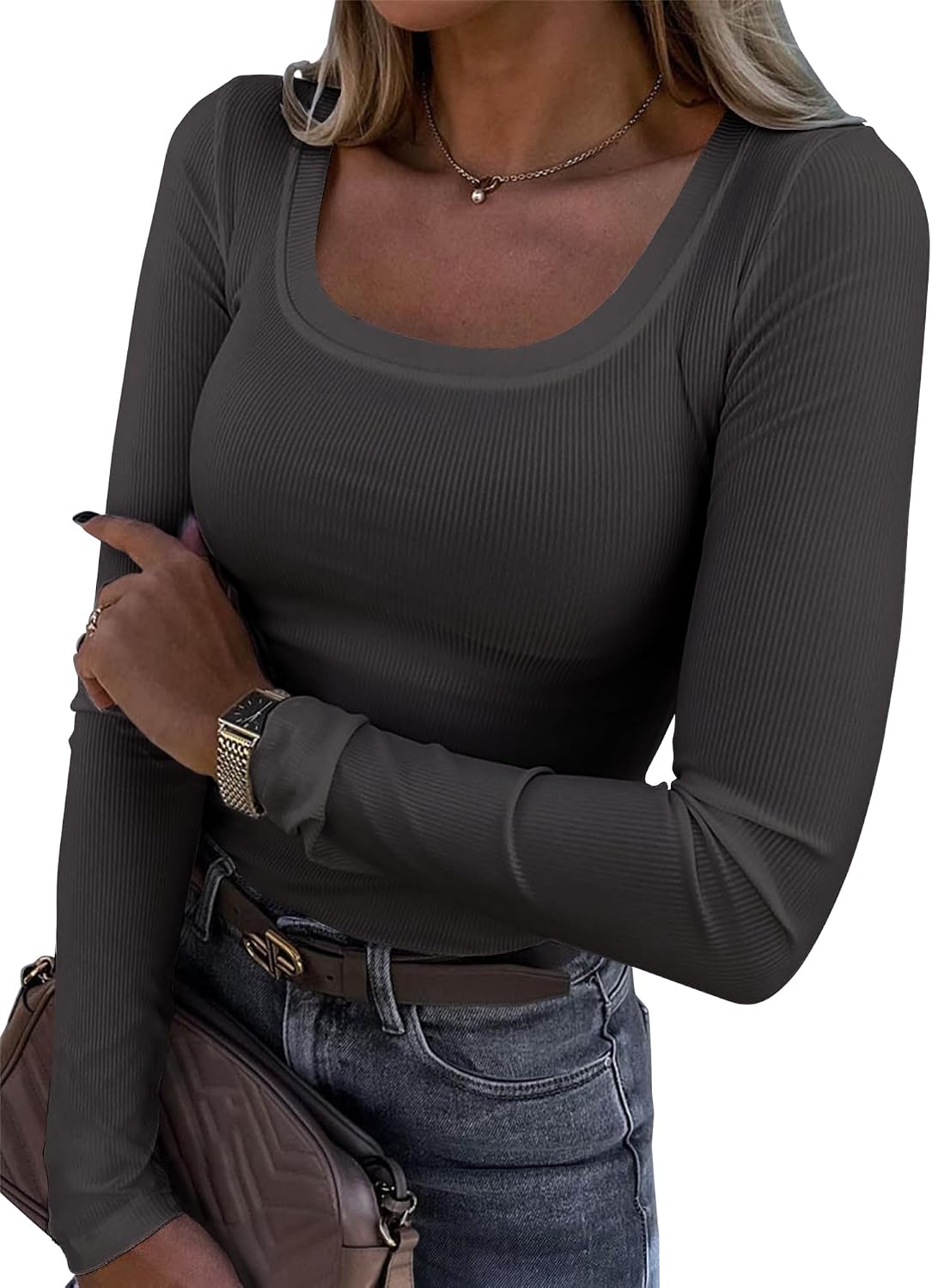 Womens Long Sleeve Scoop Neck Ribbed Knit Fitted Casual Tops Tee Slim Basic Shirts