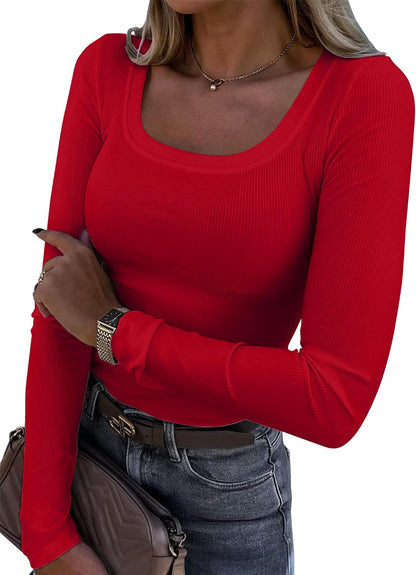 Womens Long Sleeve Scoop Neck Ribbed Knit Fitted Casual Tops Tee Slim Basic Shirts
