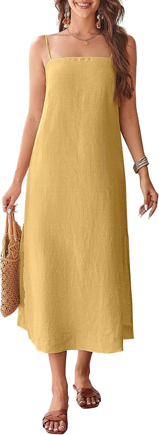 100% Linen Dresses Square Neck Sleeveless Spaghetti Strap Midi Dress | Summer Casual Holiday Dress with Slit, Solid Color, Relax Fit